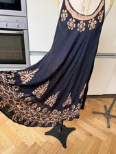ONE SIZE SMOCK STRAPPY SUN DRESS EMBROIDERED BLACK OLD GOLD 100% VISCOSE HI LOW