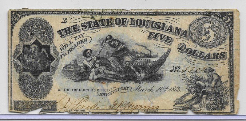 1863 $5 State of Louisiana Shreveport Civil War Note Cr 14 Circulated CN1096