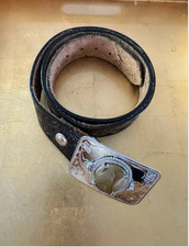 Vintage Western Black Tooled Leather Belt Ornate Silver Tone Buckle Stone