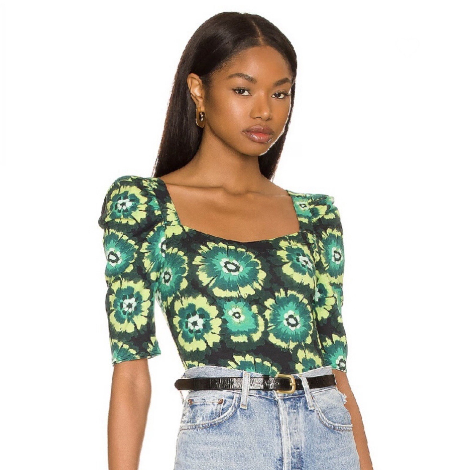FREE PEOPLE REVOLVE GREEN FLORAL PRINT CROP TOP XS