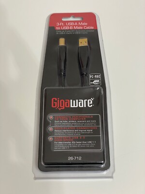Gigaware New 26-712 Computer Cable USB-A Male to USB-B Male 3 Feet Black MAC PC