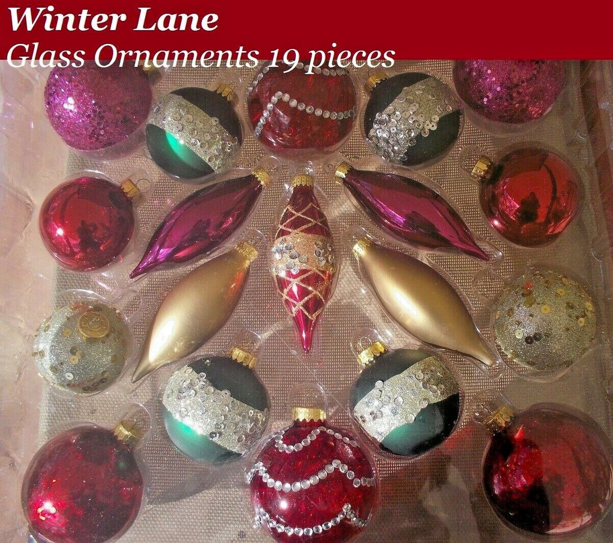 Winter Lane Glass Christmas Ornaments Box Set 19 pieces