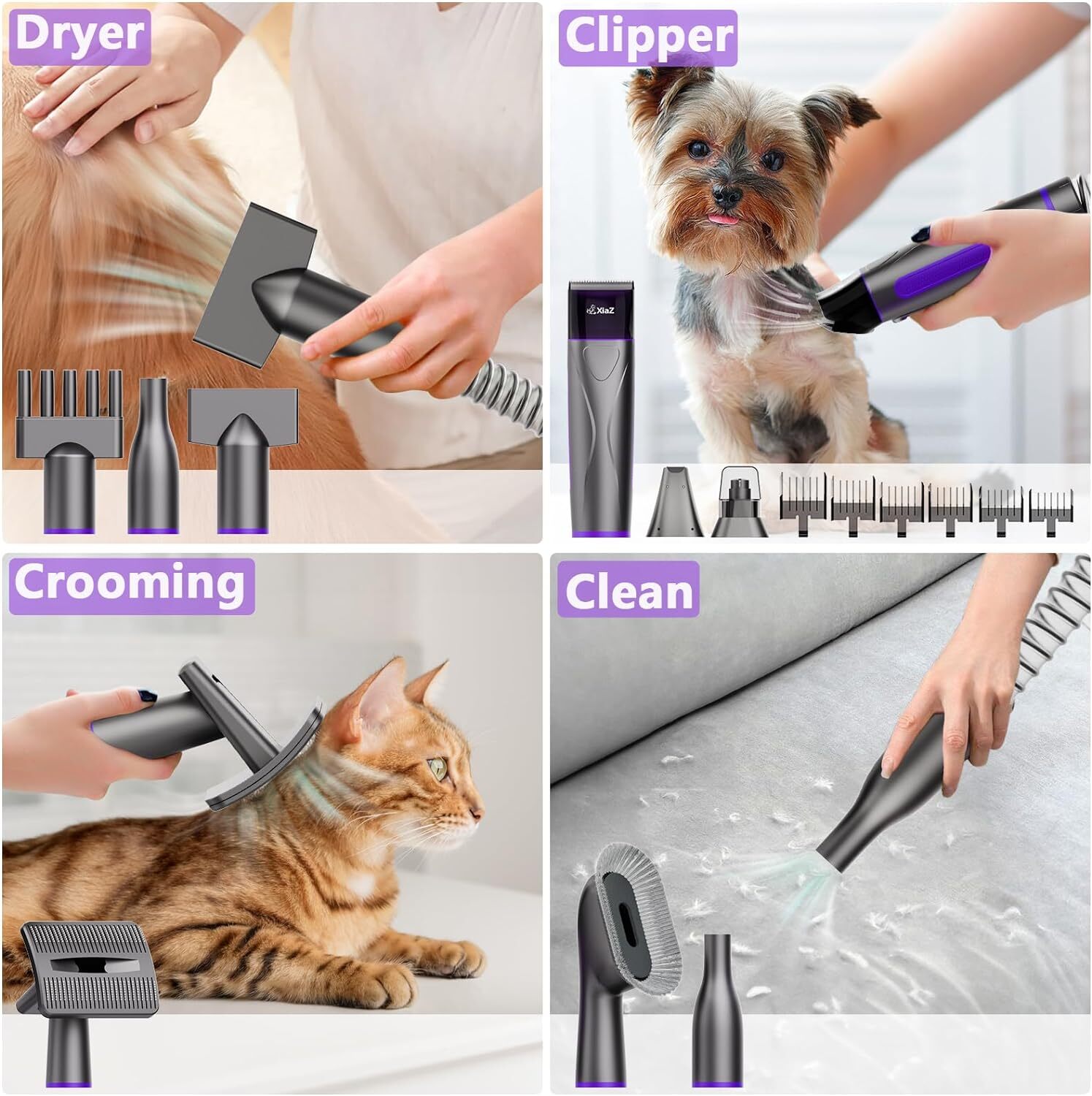 Dog Grooming Vacuum Dryer with Clippers, 15 Kpa Dog Grooming Kit w/ Nail Grinder