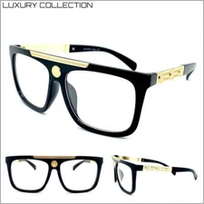 Men's CLASSIC RETRO HIP HOP RAPPER Clear Lens EYE GLASSES Big Black & Gold Frame