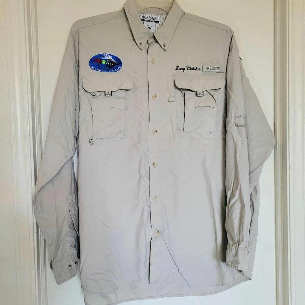 Columbia Men's XL Beige Long Sleeve Fishing Shirt, Personalized