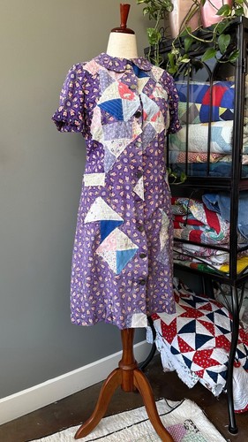 Vintage 30s 40s Handmade Quilt Patchwork Feed Sack Farmhouse Chore Dress Size L - Picture 2 of 13