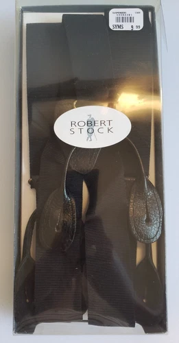 Vintage Robert Stock Black Braces Suspenders Leather Brass Elastic Button Attach