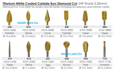Meta BesQual Dental Lab Titanium Coated Carbide Burs Diamond Cut HP Shank 2.35mm