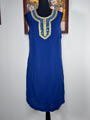 Merona Linen Blend A-Line Dress Women's 10 Round Neck Blue Lined Sequin |  eBay
