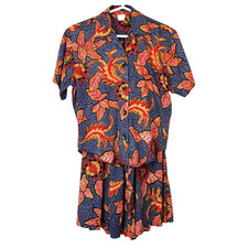 Vintage 80s 90s Sostanza Flowy Tropical Floral Shirt Skirt Outfit Size Small