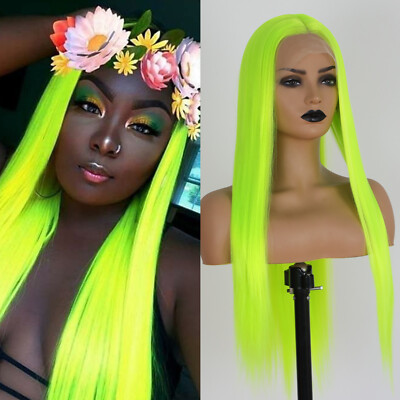 Fluorescent Green Hair Long Synthetic Lace Front Wigs Heat