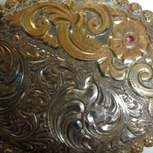 Crumrine Belt Buckle Ruby gemstone Floral oval silver bronze Fancy Vintage - Picture 7 of 10