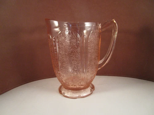 Vintage Jeanette Pink Glass Cherry Blossom Water Juice Pitcher Scalloped Base