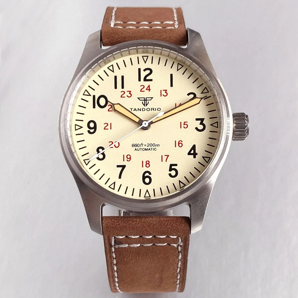 Reloj Hombre Tandorio Amarillo Crema Números Árabes 39mm Zafiro Piloto 8215 NH35 Foto 2 de 4