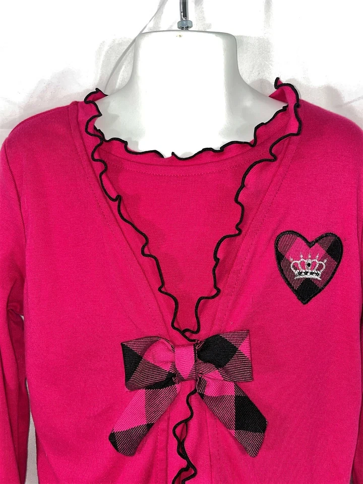 NWT $50 Girl 8 DOLLIE & ME Hot Pink Black Heart Plaid Pleated Skirt Party Dress! - Image 2 of 4