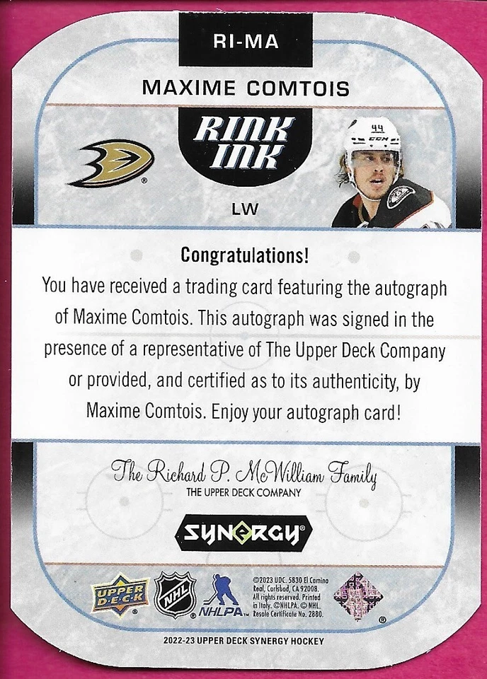 2022-23 Upper Deck Synergy MAXIME COMTOIS #RI-MA Rink Ink Autograph - Image 2 of 2