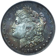 1878 7TF Reverse of 1879 Morgan Dollar MS63 PCGS Completely Toned