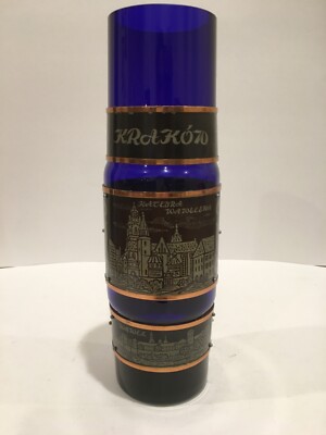 Vintage Cobalt Blue Glass Vase with Gold  Strips And 4 Krakow Scene Poland