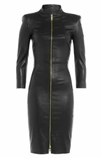 Luxury Authentic Women's Black Leather Dress Genuine Soft Lambskin Ladies Dress