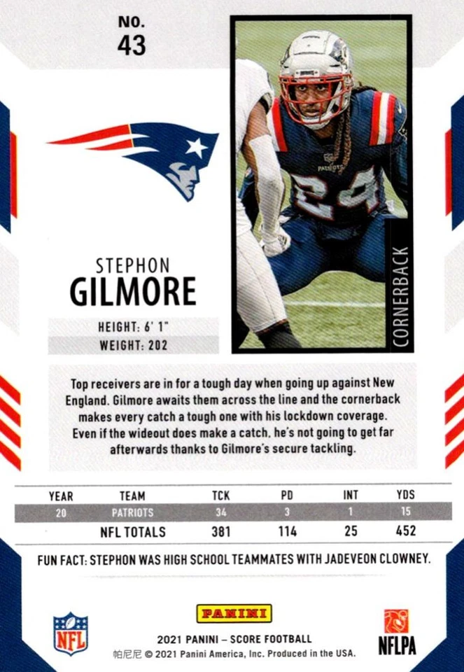 2021 Score Red Stephon Gilmore New England Patriots #43 - Image 2 of 2