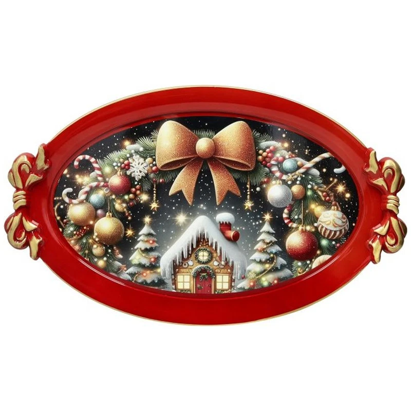 Vassoio Ovale 50x30 cm BRANDANI Christmas Rosso Natale Manici a Fiocco, fotografia 9 di 9