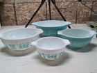 Vintage Pyrex Amish Butterprint Cinderella Mixing Bowls Turquoise/White 4pc Set