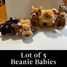 Ty Beanie Babies Lot of 5 Doby 4110 (PVC Pellets), Bones, Sarge, Tiny, Dog