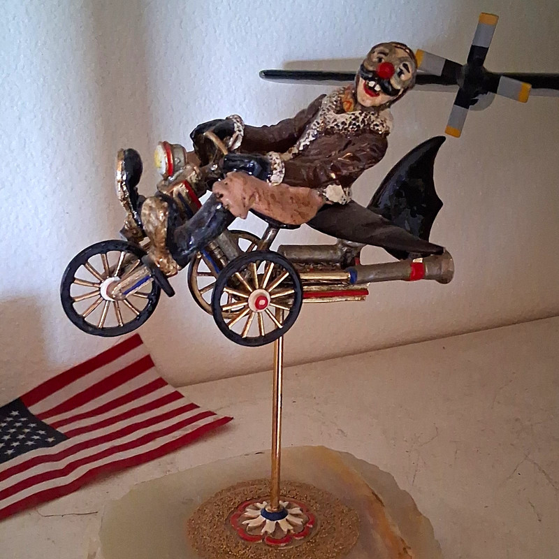Hand-Painted Signed Ron 1987 Clown Flying Bicycle Propeller Figurine Circus