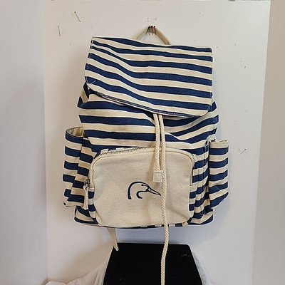 Ducks Unlimited Large Backpack Striped Canvas Blue And White Beach Hiking Camp