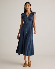 Quince Women Vintage Wash Tencel Button Front Midi Dress Midnight Blue L