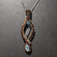 Copper Silver Tone Wire Wrapped Quartz Blue Crystal Pendant Statement Necklace