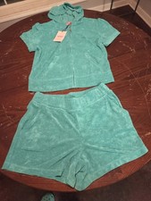 Juicy Couture Blue Terry 2-Piece Hoodie Shorts Set Logo Zip Hood Pockets. M