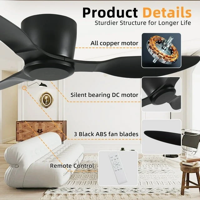 42" Flush Mount Ceiling Fan without light, 3 Reversible Blades, with 6 Speeds Re - Image 4 of 4
