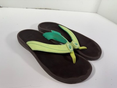 OluKai Ohana Flip Flop Sandals Womens 8 Black Lime Green Water-Resistant Slip On