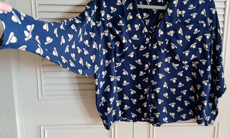 Blusa Top Western EILEEN WEST S Azul Marino Rayón Sombreros de Vaquero Vaquera ¡DIVERTIDOS! Foto 3 de 4