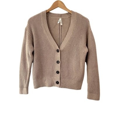 Pact women's Luxe Knit organic cotton cropped Cardigan XS oat beige button NWOT