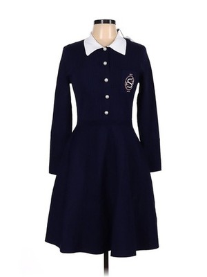 SANDRO Navy White Polo Collar Knitted A Line Fit & Flare Dress - FR 42 / US 10