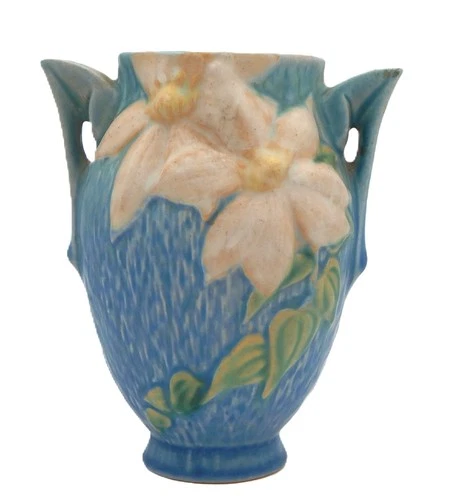 Vintage Roseville Art Pottery Vase, c1940 Clematis Arts & Crafts Two Handled 6"