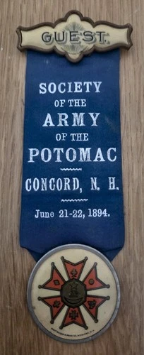 1884 GAR GUEST Pin Ribbon Society Army Potomac w Button Concord, New Hampshire