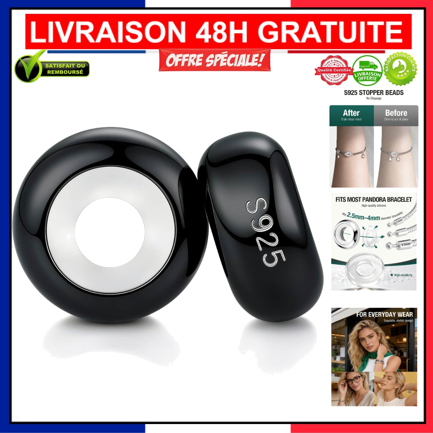 Perles d'Arrêt en Argent 925 et Silicone Souple pour Création de Bijoux