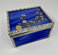 Vintage Blue Stained Glass Hinged Trinket Box Mirror Base Pressed Flower Design