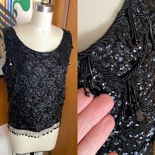 VTG Sequin Tank Top Sz M beaded paillettes embellished black Flapper