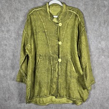 Grizas Jacket Womens Medium Green Washed Linen Big Button Sustainable Lagenlook