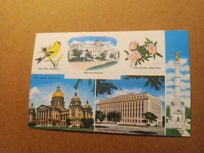 Des Moines State Capitol State Bird State Flower HIstorical Buiding Old Postcard
