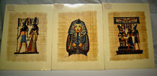 Egyptian Papyrus Set of 3 Gold Leafed Hand Painted Gouaches Method Painting VTG