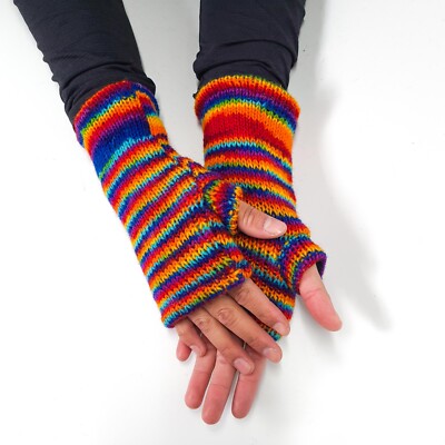 Rainbow PURE WOOL Gloves Hand Warmers Winter Fingerless Mittens Lining Hippie