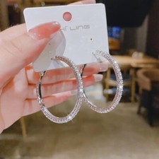 Fashion Women Large Full Rhinestone Hoop Earrings Silvery Sparkling Jewelry New