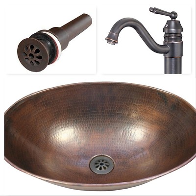 17 Oval Hammered Copper Vessel Bath Vanity Sink Faucet And Drain