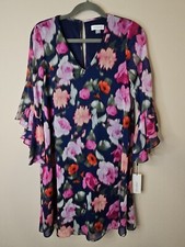 Calvin Klein Dress Women 4 Pink Blue Floral Chiffon Ruffle Sleeves Vneck Lined
