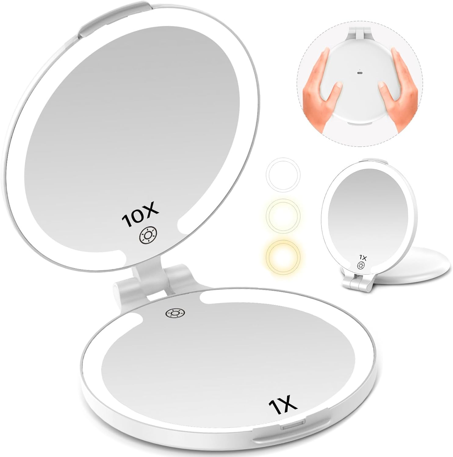 7'' Travel Makeup Mirror with Lights 10Xmagnifying 3 Color Portable Double Side